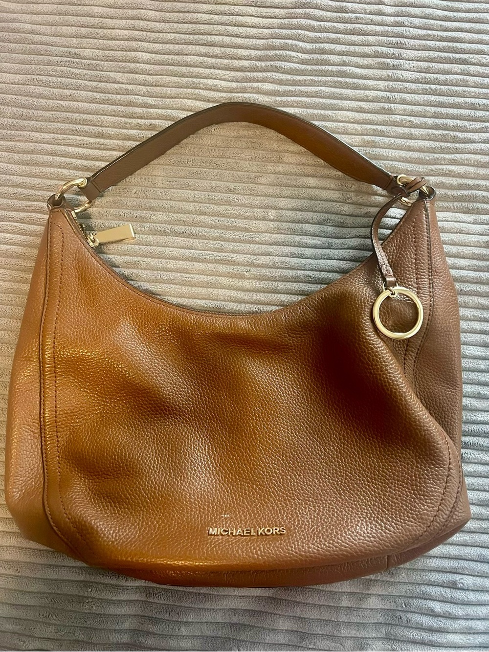 MICHAEL KORS Cognac Pebbled Leather Hobo with Gold Hardware